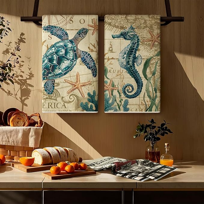 4 Pcs Nautical Ocean Kitchen Towels, Coastal Dish Towels, 26x18 Inch Beach Summer Absorbent Decoration Hand Towels for Housewarming Gifts (Ocean)