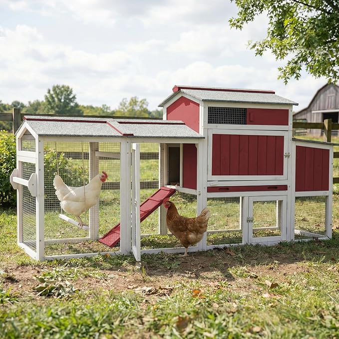 Chicken Coop with Run, Mobile Chicken Tractor Hen House Weatherproof with Wheels, Nesting Box, Roosting Bars, Pull-Out Tray, Asphalt Waterproof Roof & Fun Swing for Chickens Quails Small Animals