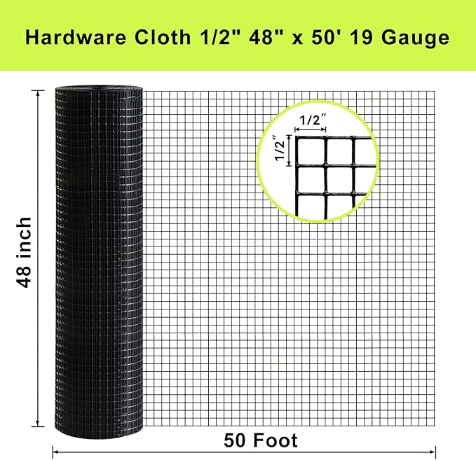 Black Hardware Cloth 48'' x 50' 1/2 inch Mesh 19 Gauge - PVC Coating Wire Mesh Rolls Vinyl Coated Wire Fence Roll Garden Fencing Chicken Run Mesh Screen