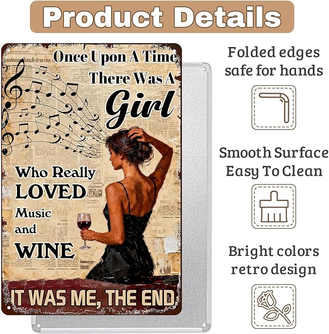 Vintage Once Upon A Time Girl Who Loved Music & Wine Tin Sign Rustic Metal Wall Art For Home Bar, Café, Kitchen, Music Room 8x12 Inch