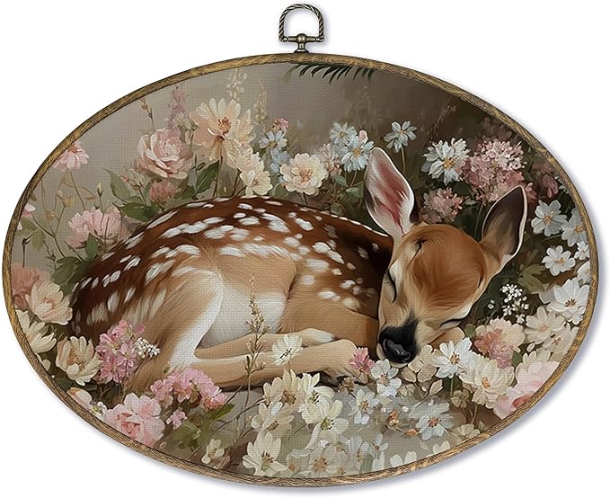 Fewgb Floral Fawn Deer Oval Wall Art Decor Framed, Vintage Cottagecore Cottage Core Canvas Wall Art Prints Picture, Spring Forest Farmhouse Hanging Room Decor for Nursery Bedroom Kids Room 9x12
