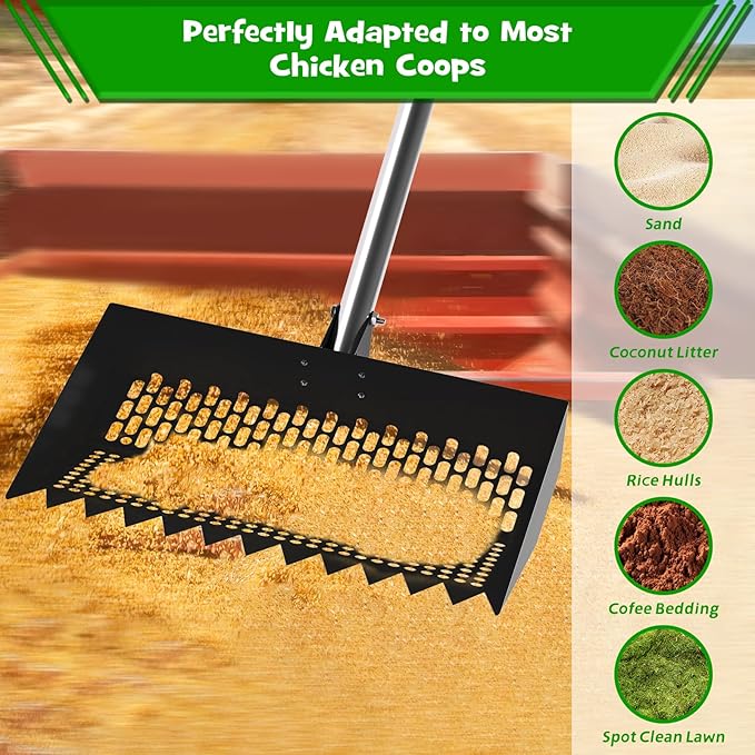 Chicken Poop Scooper & Rake 2-in-1 – 12 Inch Shovel Head & 3-Angle Adjustable Stainless Steel Handle, Chicken Litter Scoop and Coop Rake & Sand Sifting Shovel for Chicken Coops, Black