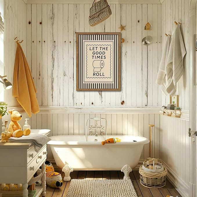 Framed Let The Good Times Roll Bathroom Print, Vintage Funny Toilet Quote Canvas Wall Art, Stripes Bathroom Picture Poster, Downstairs Toilet Painting Wall Decor 12x16 inch