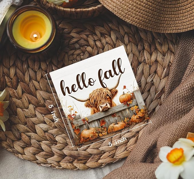 Fall Highland Cow Sign - Fall Farmhouse Highland Cow Decor Decorations Gifts For Home Office,Rustic Farm Hello Autumn Pumpkin Maple Leaf Home Decor Signs