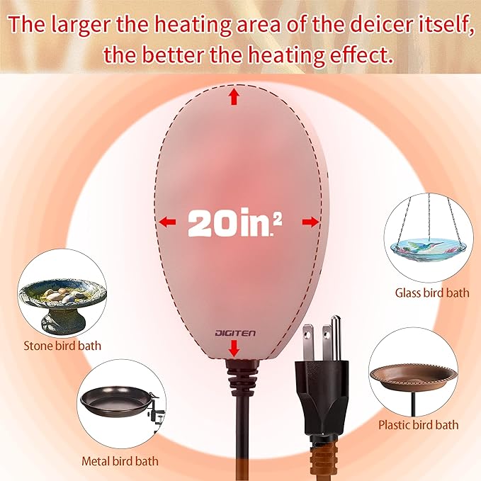 DIGITEN Birdbath Deicer Bird Bath Heater for Outdoors in Winter Thermostatically Controlled Chicken Water Heater Made of Heavy Duty Premium Cast Aluminum 60W Immersion Deicer for Garden Yard Lawn