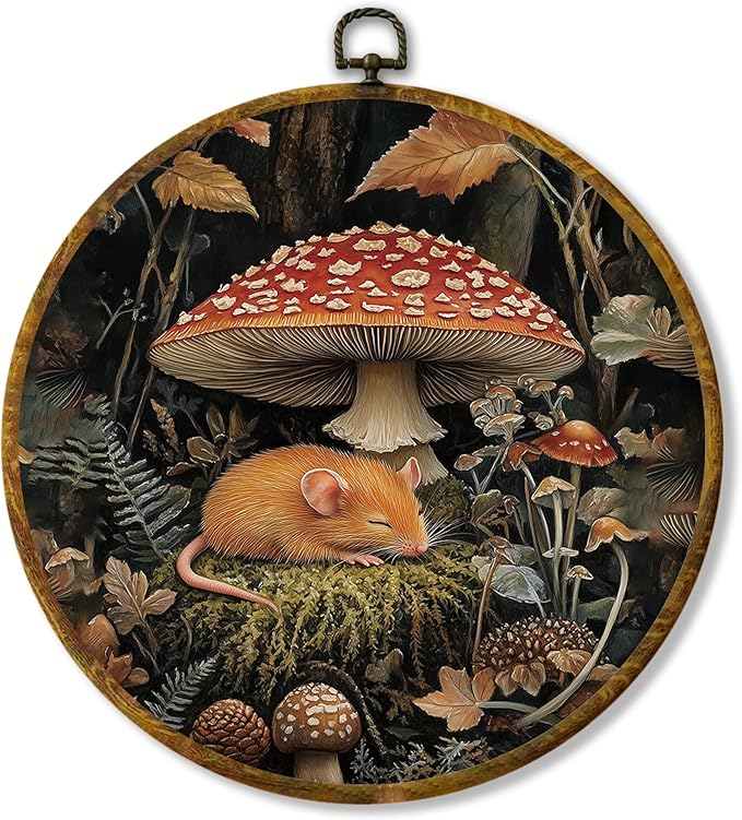 Hiuwevt Fantastic Forest Mushroom Rat Round Wall Art Decor, Mystical Woods Fern Plant Hanging Canvas Prints Artwork Framed, Cottagecore Mushroom Botanical Circular Wall Decor for Home, 10x10 Inch