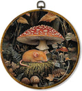 Hiuwevt Fantastic Forest Mushroom Rat Round Wall Art Decor, Mystical Woods Fern Plant Hanging Canvas Prints Artwork Framed, Cottagecore Mushroom Botanical Circular Wall Decor for Home, 10x10 Inch
