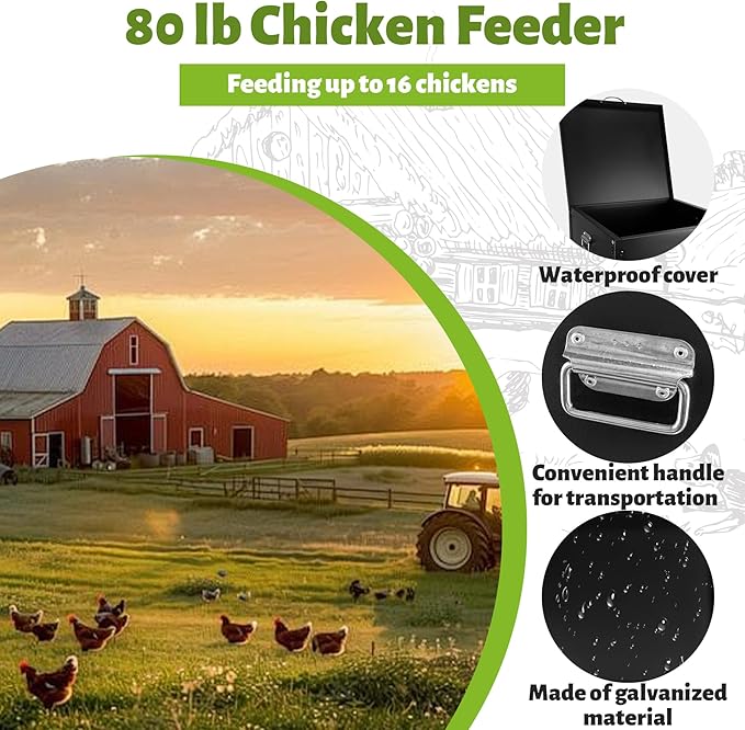 All Metal Chicken Feeder 80LB No Waste Automatic Chicken Feeder Galvanized Steel Chicken Feeding Box Portable Poultry Feeder with Waterproof Lid and Handle for Chickens Ducks and Goose