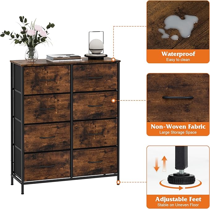 WelFurGeer 8 Drawer Fabric Dresser with Sturdy Metal Frame, Tall Dresser with Fabric Bins, Storage Chest of Drawers for Bedroom, Closet, Kids Room Organization, Rustic Brown Wood Grain Print