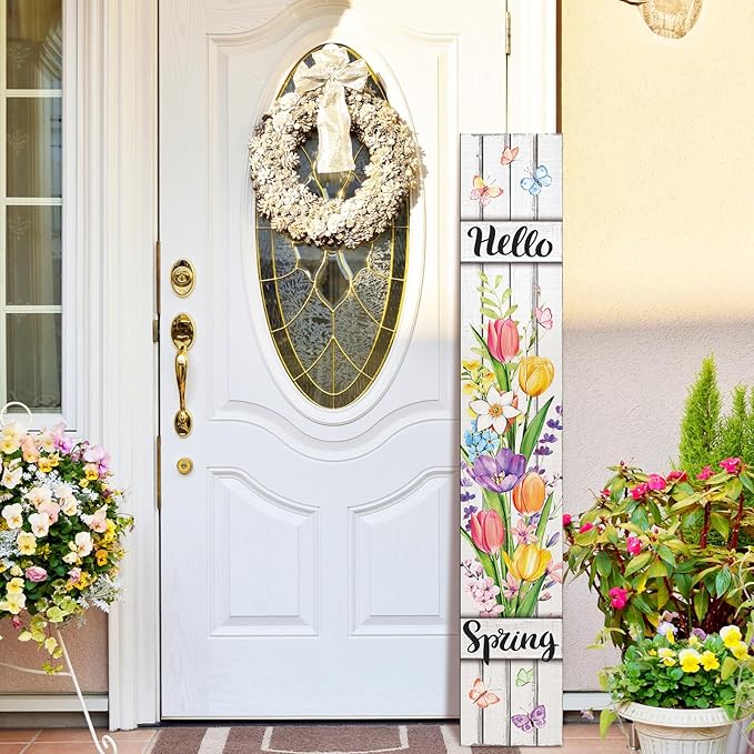 47" Large Spring Porch Sign Tulip Welcome Sign Wooden Tall Spring Porch Decor Leaner Rustic Farmhouse Front Door Decor for Holiday Outdoor Home Yard Entryway Gift