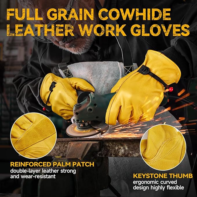 OZERO Leather Work Gloves for Men: Medium 3 Pairs Cowhide Working Gloves for Driving Heavy Duty Mechanic Ranch - Women Gardening Glove