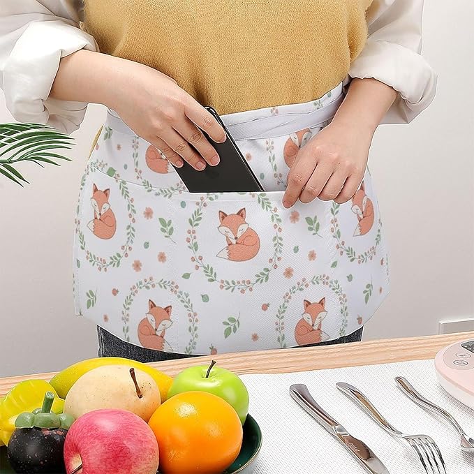 Unisex Chef Waiter Apron Waist Half Short Serving Aprons with 3 Pockets