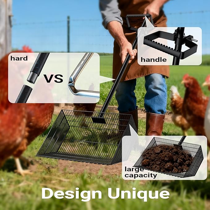 Chicken Poop Scooper with 12" Wide Heavy Duty Litter Shovel and Adjustable 25–73" Steel Handle, Multi-Section Detachable Pole Poop Rake for Easy Chicken Coop Cleaning, Durable Metal Accessories