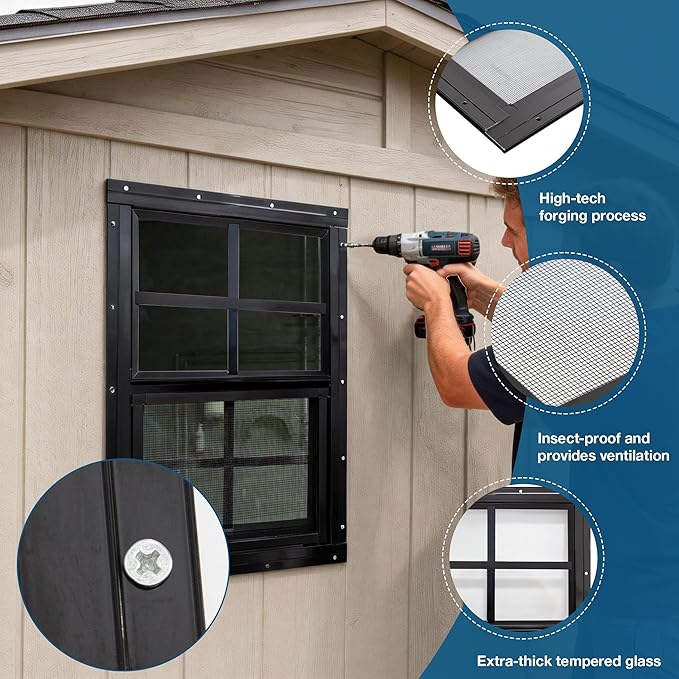 Yuzzy Shed Windows 2 Pack, Chicken Coop Windows 30" x 36" with Tempered Glass and Fiberglass Screen, Flush Mounted Small Window for Shed, Barns, Playhouse, Household, Garage (Black)