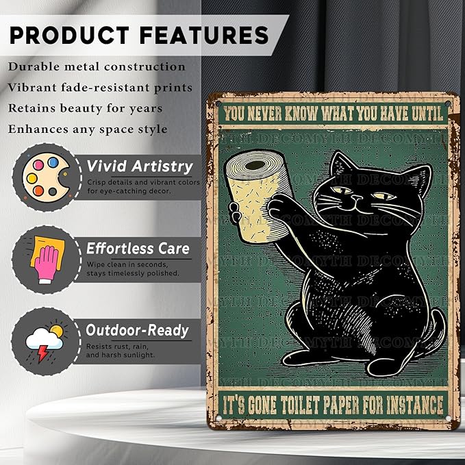 Black Cat Bathroom Metal Tin Sign You Never Know What You Have Until It's Gone Vintage Wall Art Funny Toilet Wall Decor for Home Cafes Office Store Decoration 12 * 16inch