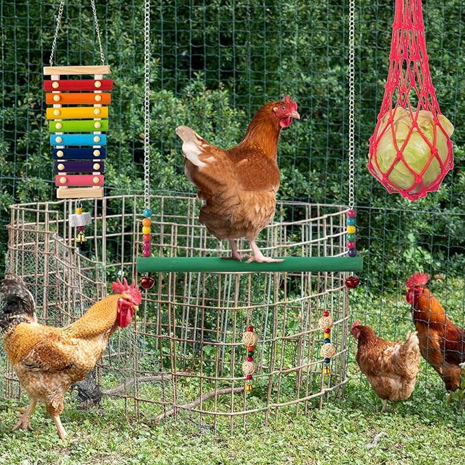 9PCS Chicken Toys for Coop - Complete Set of Chicken Toy, Coop Accessories Swing Ladder Bridge Mirror Pecking Toy Entertainment
