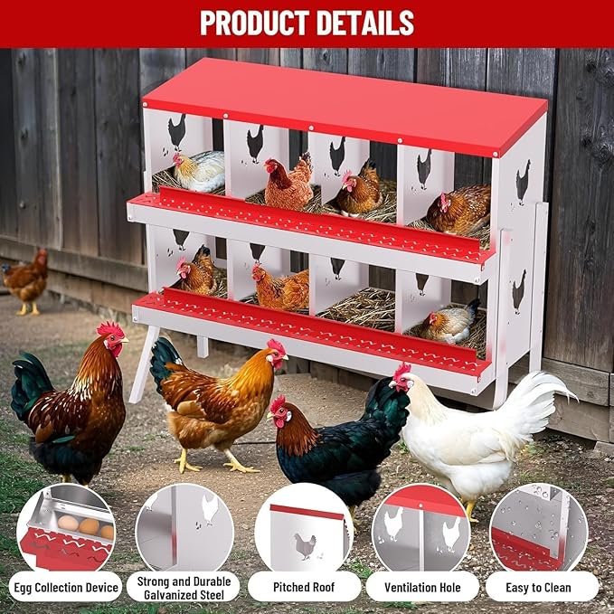 Metal Chicken Nesting Box, 8 Compartments, Rollout Egg Collection, Large Vented Holes, Perch Included, Wall Mount or Free Standing Laying Box for Hens and Chickens - Red with Legs