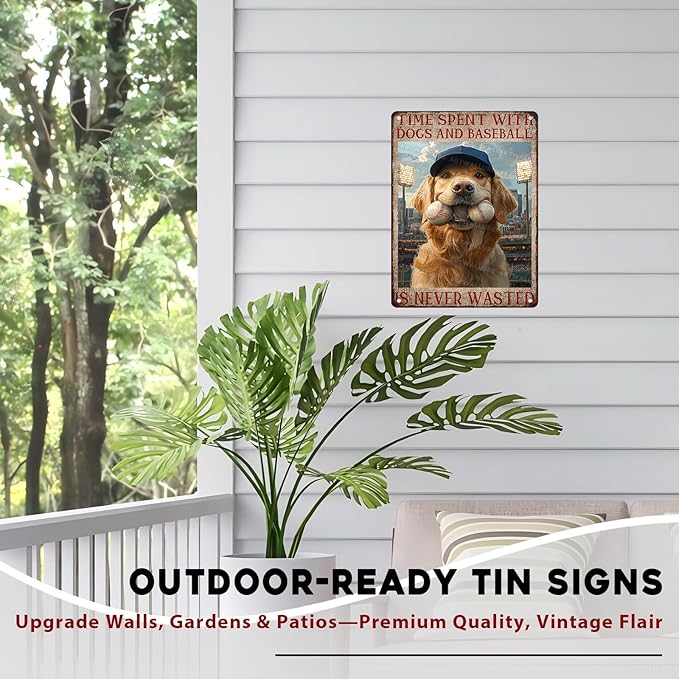 Baseball Fan Cave Wall Art Metal Tin Sign with Dogs Vintage Retro Plaque Rustic Decor for Sports Bar Game Room Basement 12x16inch