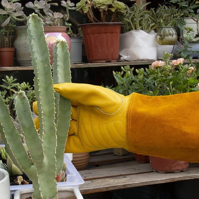 Acdyion Thorn Proof Gardening Gloves for Rose Pruning - Long Cowhide Leather with Forearm Protection Unisex(Butter Yellow,X-Large)
