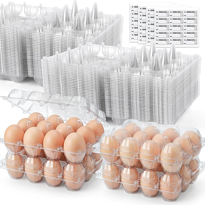 HANSGO 60 PCS 12 Count Plastic Egg Cartons, with 60PCS Date Labels, Bulk Clear Reusable Egg Containers for Fresh Medium Eggs Storage, Suitable for Farms, Families, Markets Display