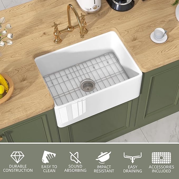 TUKTUK White Farmhouse Sink 24 X18 inch Fireclay Farm House Apron Front Undermount Small Modern Kitchen Sink Single Bowl for Bar and RV Luxury Bottom Grid & Strainer