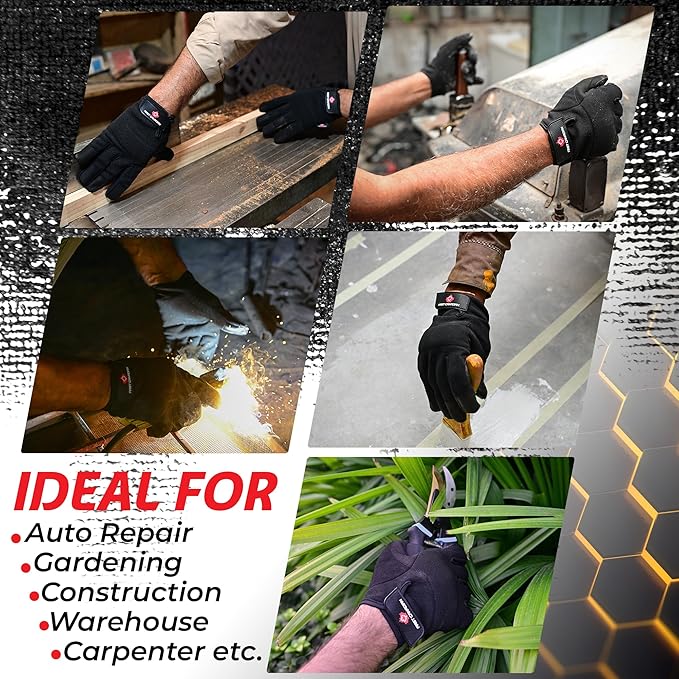 1 Pair Heavy Duty Mechanic Work Gloves for Men & Women – Synthetic Leather Safety Gloves, Puncture Resistant, Durable Utility Gloves for Automotive, Construction, Yard Work & Landscaping (S)