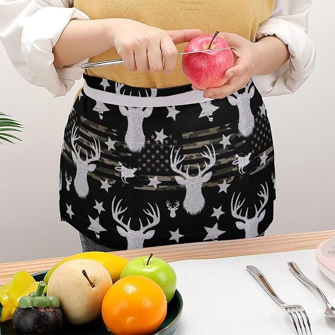 Unisex Chef Waiter Apron Waist Half Short Serving Aprons with 3 Pockets