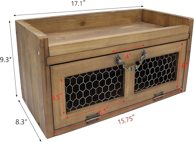 Farmhouse Countertop Storage Organizer, Rustic Wood Kitchen Cabinet with Chicken Wire, Kitchen Pantry Display Shelf, Country Vintage Style. Distress Brown