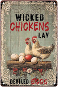 Wicked Chickens Lay Deviled Eggs Metal Signs Vintage Room Decor Aesthetic Wall Art Tin Sign Gift for Garage Bathroom Living Room Man Cave Bar 8X12Inch
