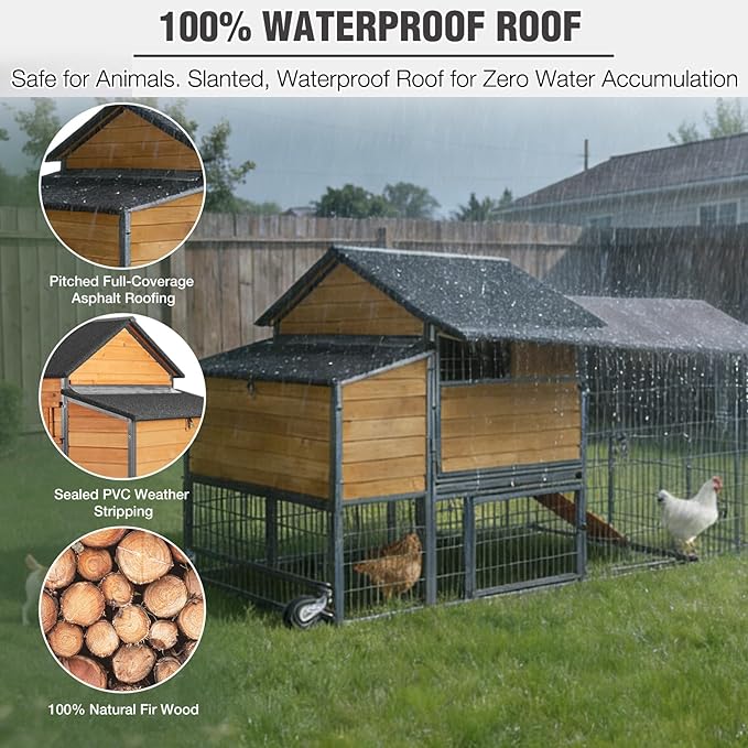 Extra Large Mobile Chicken Coop with Run, Portable Chicken Tractor with Wheels, Wooden Poultry Cage with All-Around Iron Frame, Metal Sliding Tray, Nesting Boxes for 6-8 Chickens