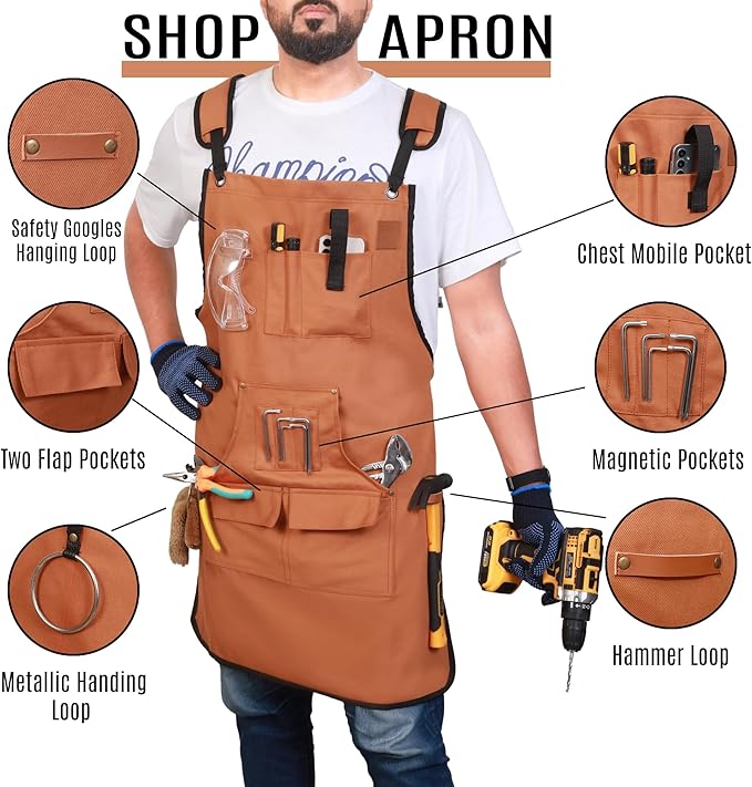 Woodworking Apron for Men - 9 Reinforced Pockets Durable Canvas Padded Cross Straps - Woodworking Gifts for Men