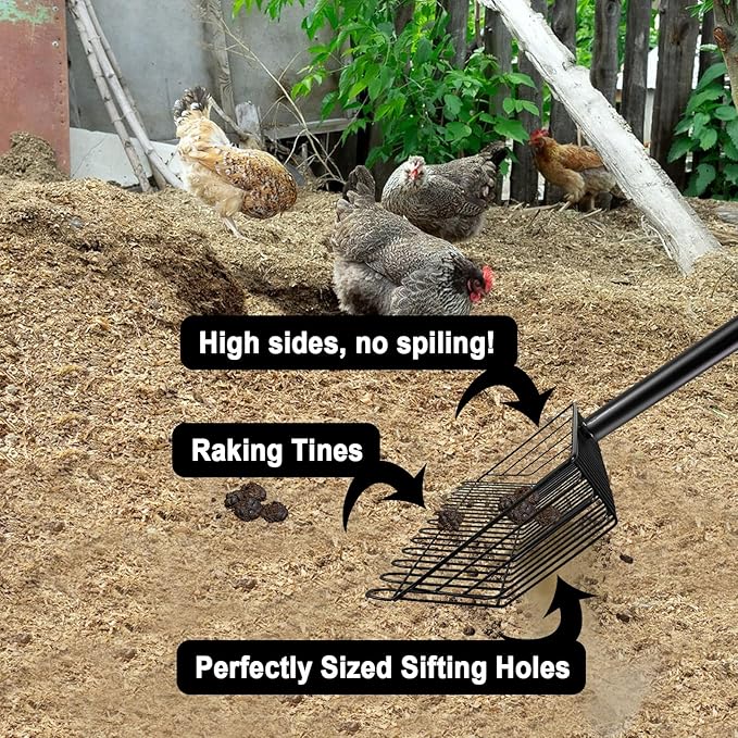 Chicken Poop Scooper & Rake 2-in-1, Stainless Steel Scooper with Adjustable Handle, Litter Scooper Sand Sifting Shovel for Chicken Poop & Pet Waste Cleaning