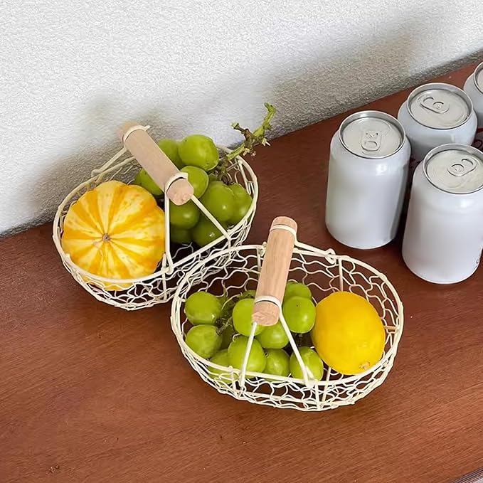 Egg Basket, Small Farmhouse Wire Basket with Wooden Handle Rustic Countertop Holder and Storage for Gathering Fresh Eggs, Egg Holder
