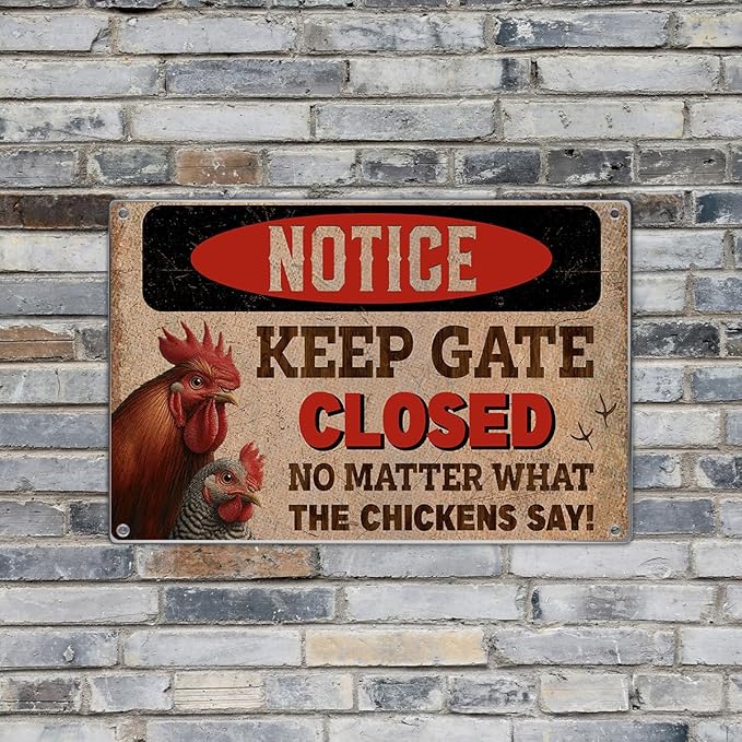 Notice Chicken Coop Sign Funny Outdoor Farm Decor Keep Gate Closed No Matter What The Chickens Say Metal 12 x 8 Inch Rustic Style Easy To Hang Home Metal Wall Kitchen Art