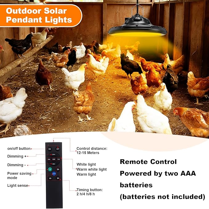 2 Set Solar Rechargeable Chicken Coop Shed Pendant Light, Solar Hanging Ceiling Fan with Remote Control Timing, Ventilation Lighting Kit for Chicken Coop Greenhouse Barn Camping Poultry