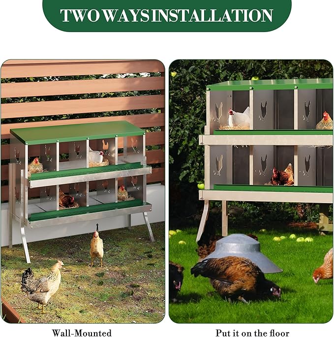 Chicken Nesting Box,8 Compartments Galvanized Steel Metal Chicken Laying Box with Roll Out Egg Collection,Wall Mount Chicken Nesting Boxes,Easy Egg Collection, Hen Roosting Boxes