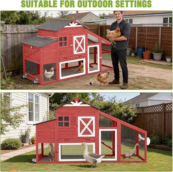 GUTINNEEN Chicken Coop with Wheels for 2-4 Chickens, Large Wooden Outdoor Hen House with Run, Waterproof & UV-Resistant Roof, Removable Leakproof Tray and Divided Nesting Box– Red