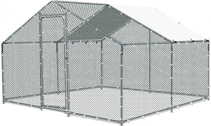 Large Metal Chicken Coop, Outdoor Metal Chicken Run with Waterproof and Anti-Ultraviolet Cover for 10-20 Chickens, Walk-in Poultry Cage for Chicken, Duck, Rabbit, Dog (9.84'×9.84'×6.46')