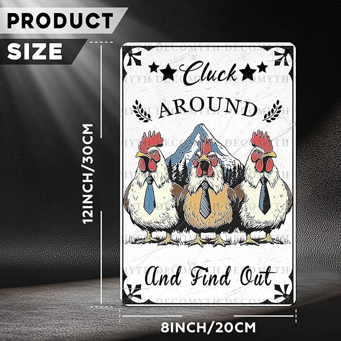 Vintage Chicken Coop Tin Sign Chicken Cluck Around And Find Out Retro Rooster Metal Poster Funny Pet Lovers Wall Art Decorations for Bar Farmhouse Garden Plaque 12 * 8inch