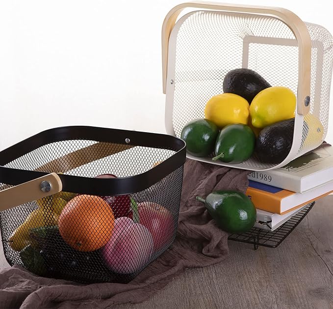 IBWell Square Metal Wire Woven Fruit Storage Bowl Basket with Wooden Handle, Large Black Mesh Fruit Stand, Multi-function Hanging Kitchen Baskets (White, Normal 4PCS)