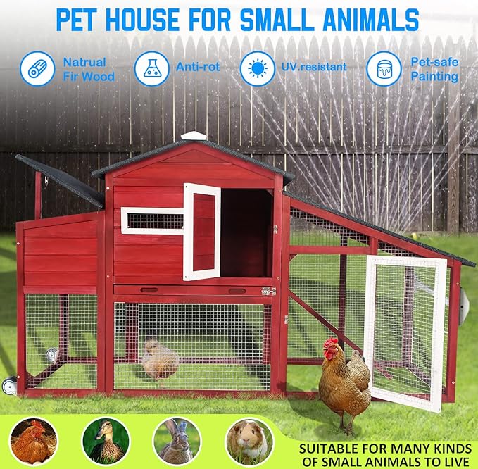 PetsCosset Chicken Coop Wooden Backyard Hen House - Indoor Outdoor for 2-3 Chickens, 2 Story Poultry Cage with Run, Chicken Nesting Box, Pull Out Trays and Anti-Slip Asphalt Ramp