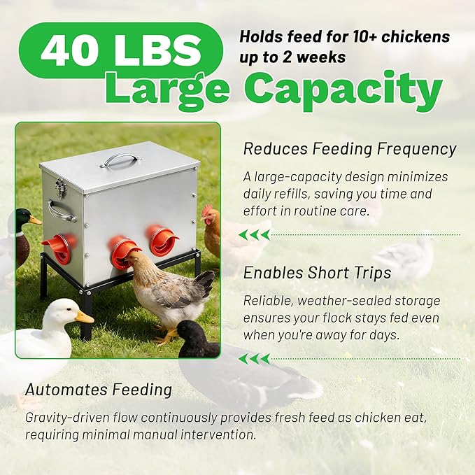 40lb Automatic Chicken Feeder, 6-Port Large Capacity Metal Poultry Feeder, Galvanized Steel Chicken Feeder for Hen Coop