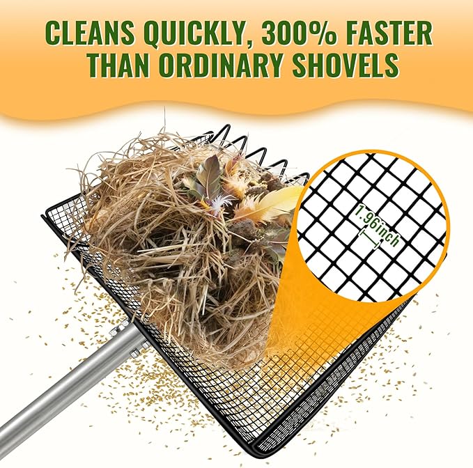 2-in-1 Chicken Poop Scooper & Rake, 12 Inch Large Metal Shovel Head, Chicken Litter Scoop with Adjustable Handle for Chicken Coop & Pet Waste Cleaning (37 to 65"), US Patent Pending (Black)