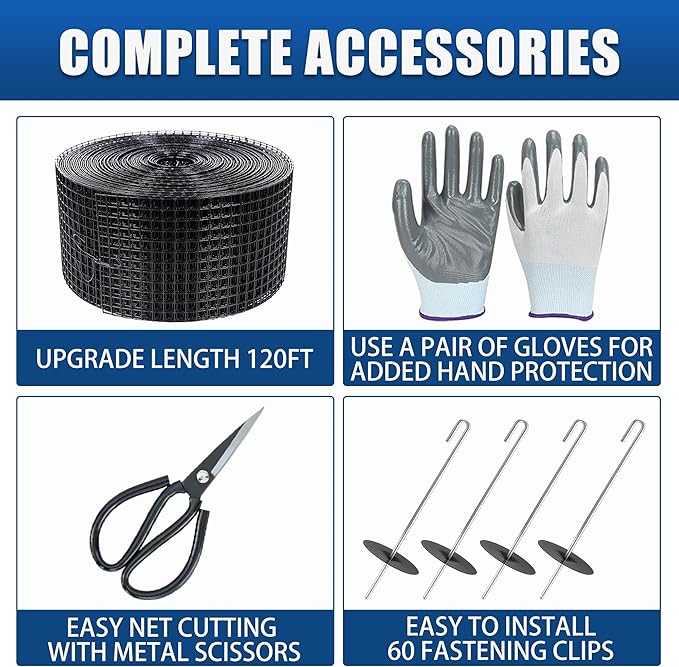 6in x 120ft Solar Panel Bird Mesh Black PVC Coated Steel Solar Panel Bird Guard Proofing| 80 Fastener Clips Prevents Birds, Pigeons, and Critter Guard from Getting Under The Solar Panels