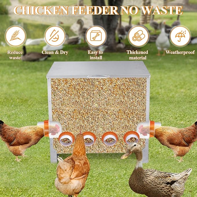 Automatic Chicken Feeder No Waste Large Capacity 85lbs 6-Ports Metal Poultry Feeder with Pull Handle for Chickens Geese Ducks Poultry Coop Weatherproof Design