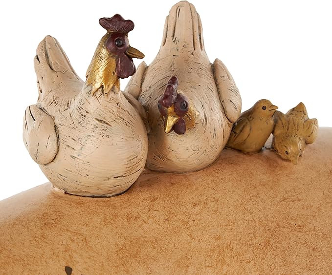 Deco 79 Resin Pig Sculpture with Roosters and Chicks, 15" x 6" x 11", Light Brown