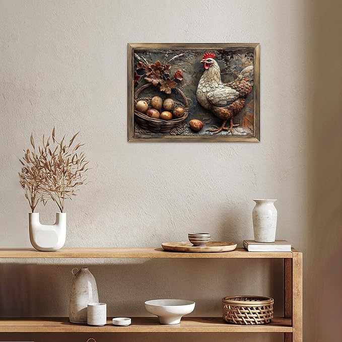 Rustic Long Wooden Framed Art Rustic Hen Eggs Basket Flowers Texture Farmhouse Style Wall Decor Sign for Tabletop Or Hanging - Durable Handcrafted Wood Print - Home & Office Decoration