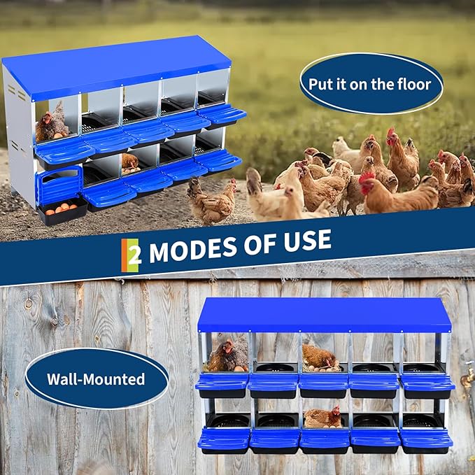 Chicken Nesting Box, 10 Compartment Roll Away Egg Laying Box for Hens, Wall Mounted & Freestanding (2 Modes of Use), Easy Egg Collection, Cleanable Pull Out Nesting Box, Blu, NL