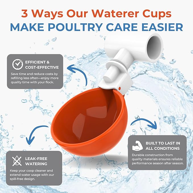 Lil'Clucker Large Automatic Chicken Waterer Cups with 1/2" PVC Tee Fittings - Chicken Water Cups, Chicken Water Feeder, for Chicks, Duck, Goose, Turkey - Poultry Waterer Feeder Kit (Orange, 8-Pack)
