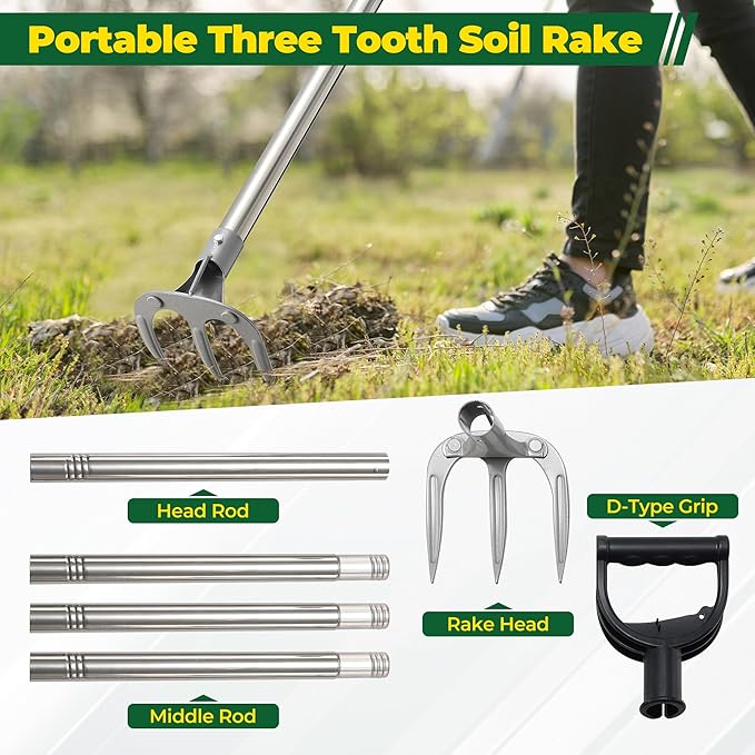 Manual Garden Rake Heavy Duty, Adjustable Handle 3 Tines Garden Cultivator Rake with D-Type Grip for Digging, Weeding, Loosening,Ergonomic Garden Tool